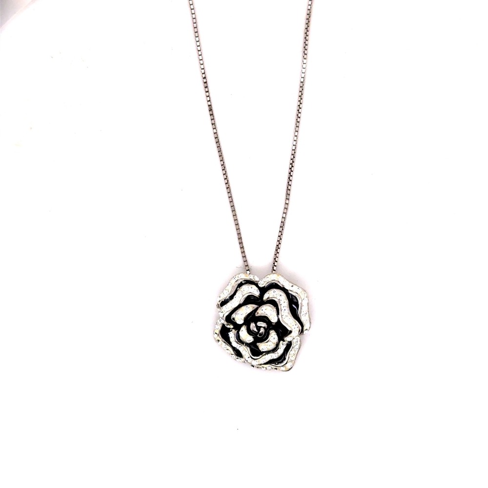 Sterling Silver Rose Pendant Necklace 18 Inch Box Chain Black White Floral 6.7g
